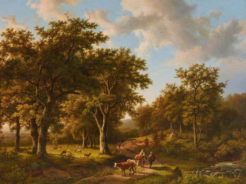 Waldlandschaft mit Hirten und Vieh by Barend Cornelis Koekkoek, oil painting of a landscape with shepherds and cattle.