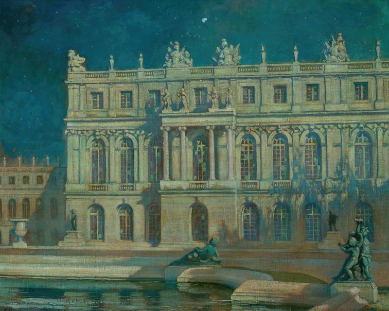 Nocturne, Versailles by Thomas Alexander Harrison, oil on canvas depicting a tranquil twilight landscape.
