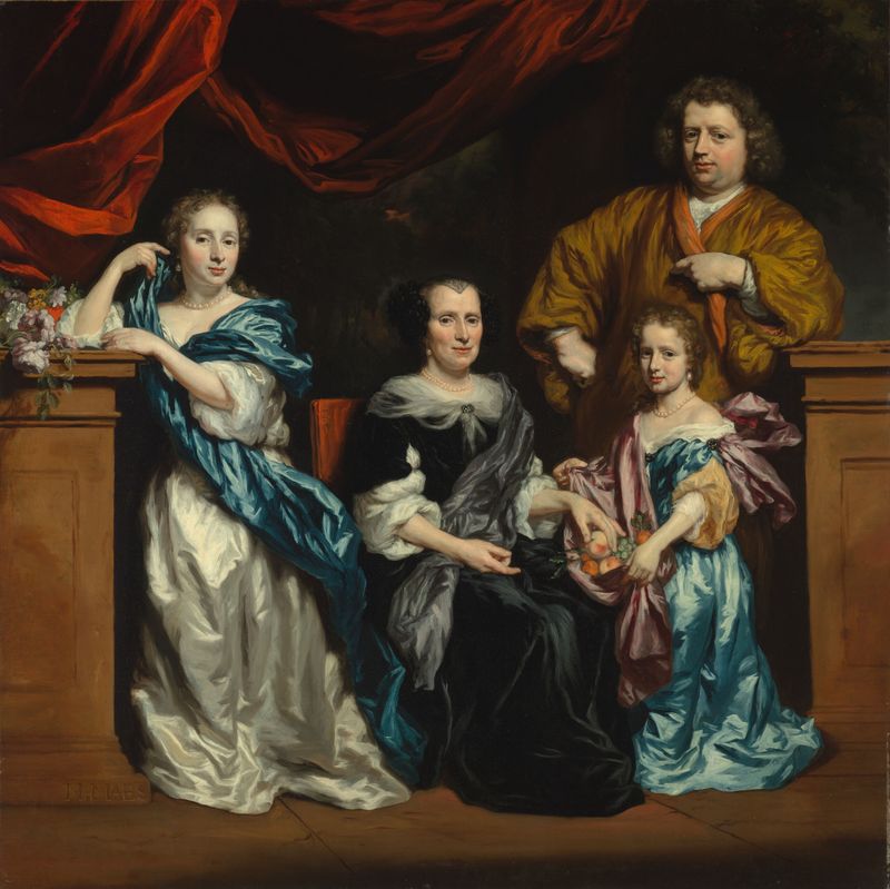 Genre scene oil painting by Nicolaes Maes depicting a family group