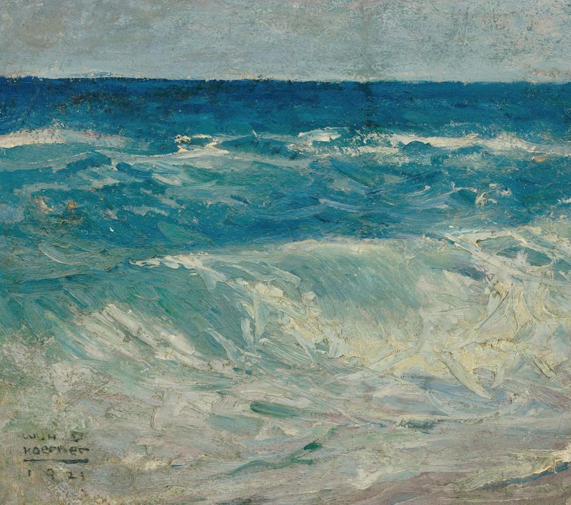 Seascape de William Henry Dethlef Koerner, óleo que muestra olas rompiendo contra acantilados.