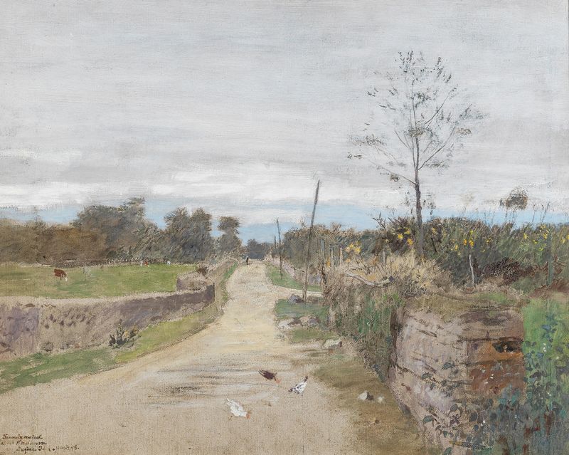 Auf der Landstraße by Eugen Jettel, oil on canvas depicting a dirt road and lush greenery.