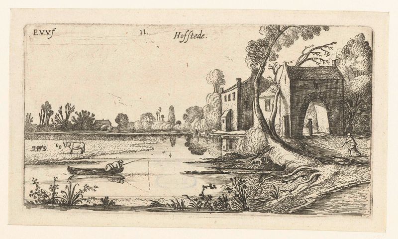 Landschap met een rivier en poortgebouw, etching by Esaias van de Velde