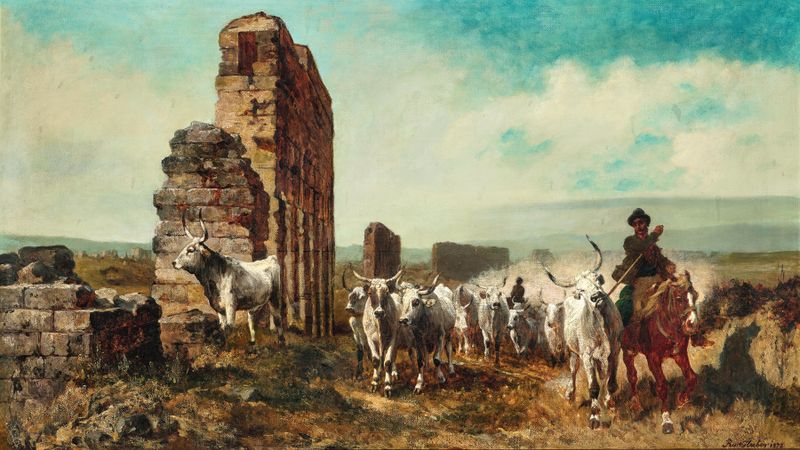 Ganado pastando en un paisaje con luz dorada, pintura al óleo de Carl Rudolf Huber