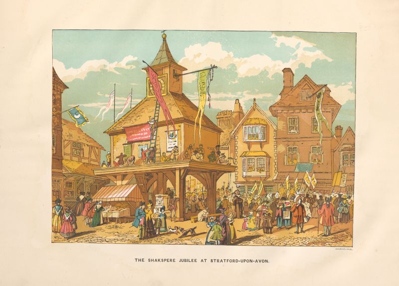 The Shakspere Jubilee at Stratford-On-Avon de Charles Knight, retratando uma multidão animada em uma cena histórica.