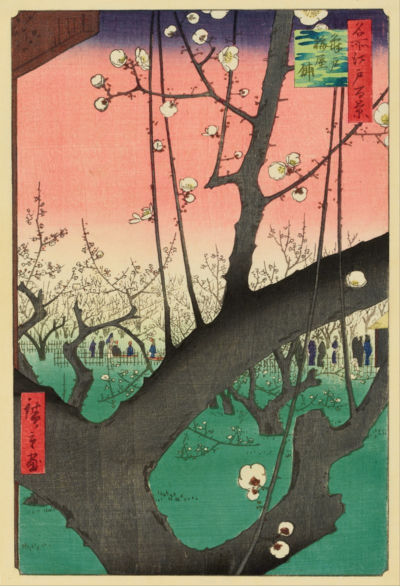 Grabado en madera de Utagawa Hiroshige que representa flores de ciruelo, figuras y un jardín