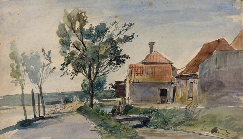Um riacho correndo entre casas e uma estrada, pintura a óleo de Johan Barthold Jongkind
