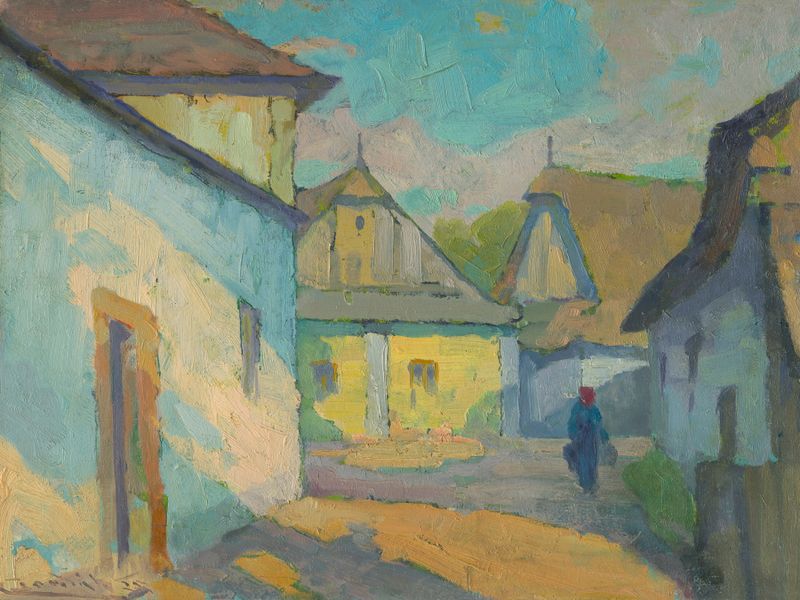 Motivo de un pueblo eslovaco oriental de Ľudovít Čordák, una escena de género expresionista con colores vibrantes.