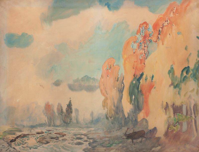 Paisaje de otoño de Julian Falat, con un follaje vibrante en una pintura al óleo.