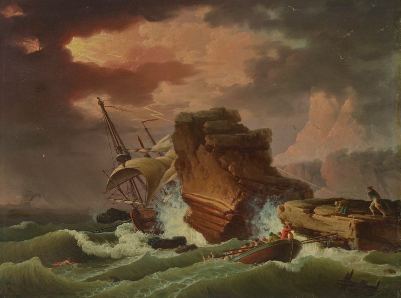 A shipwreck in a storm by Francesco Fidanza, oil painting depicting turbulent waves and a broken vessel.