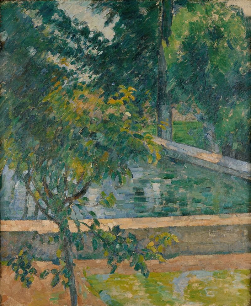 Le bassin du Jas de Bouffan by Paul Cezanne, oil on canvas depicting a tranquil pool with foliage reflections.