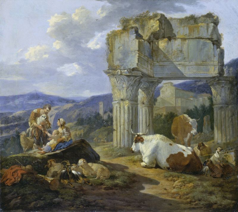 Genre scene of a shepherd family at the Temple of Vespasian, oil painting by Johann Heinrich Roos