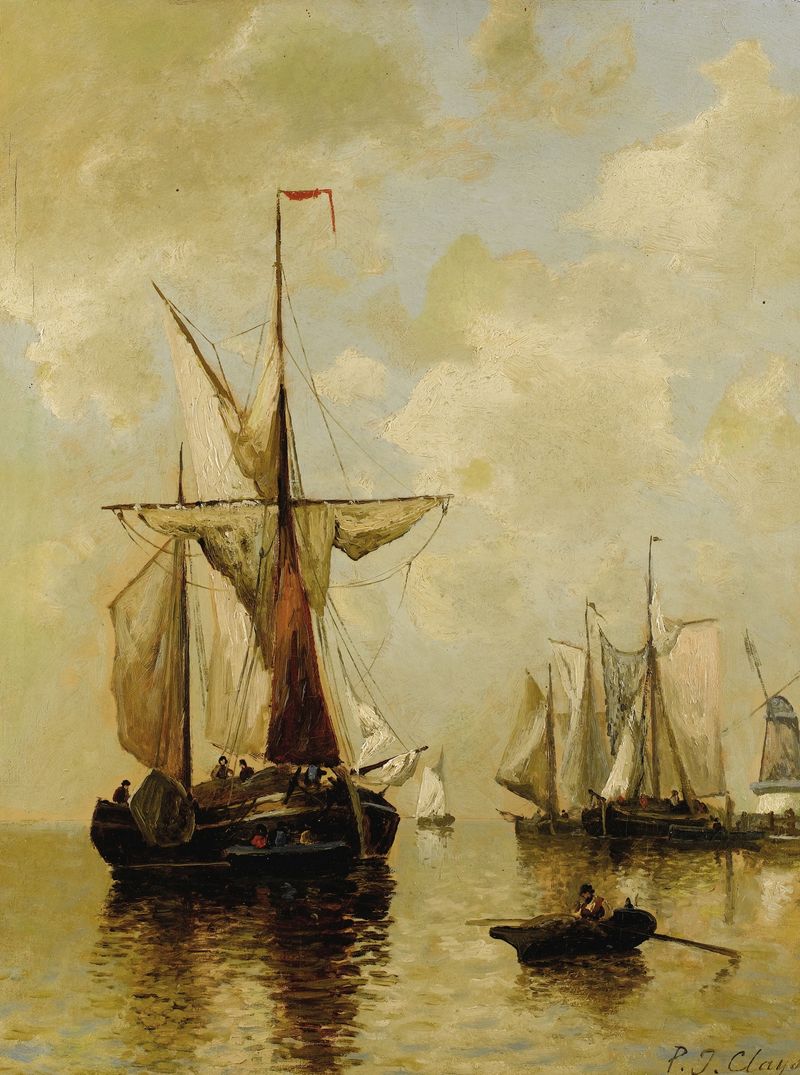 Barcos de pesca no porto, óleo sobre tela de Paul Jean Clays