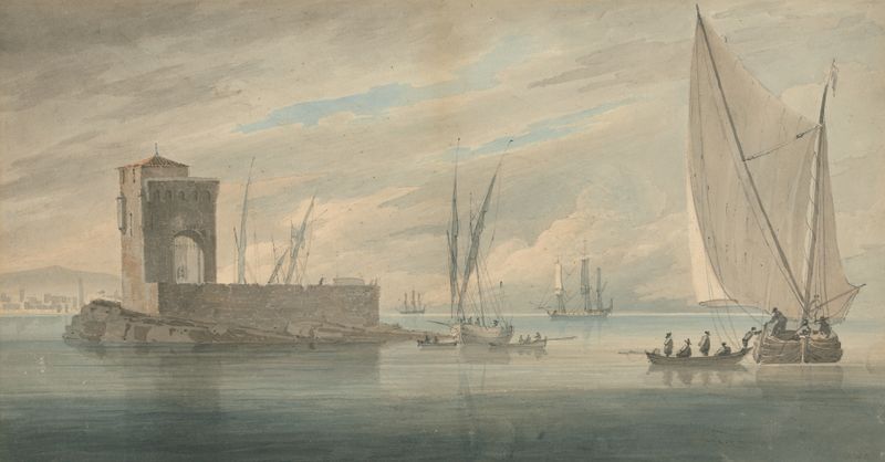 Italian Coast Scene with Island Shipping by John Wilson Carmichael, oil painting depicting a coastline and island.