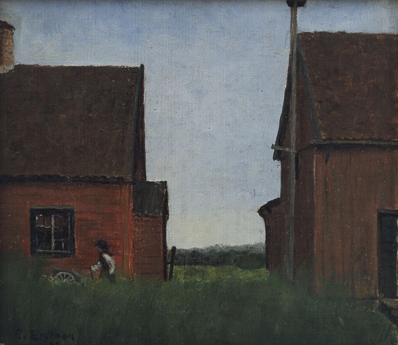 Landscape scene with warm golden light, oil painting by Elias Erdtman, 1882