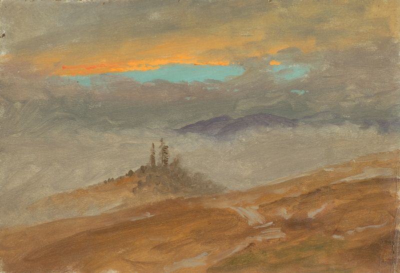 Paisaje invernal óleo de Frederic Edwin Church que muestra el crepúsculo sobre Zuarry Hill.