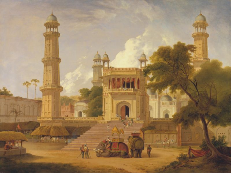 Architecture of Indian temple by Thomas Daniell, 1827, featuring intricate spires.