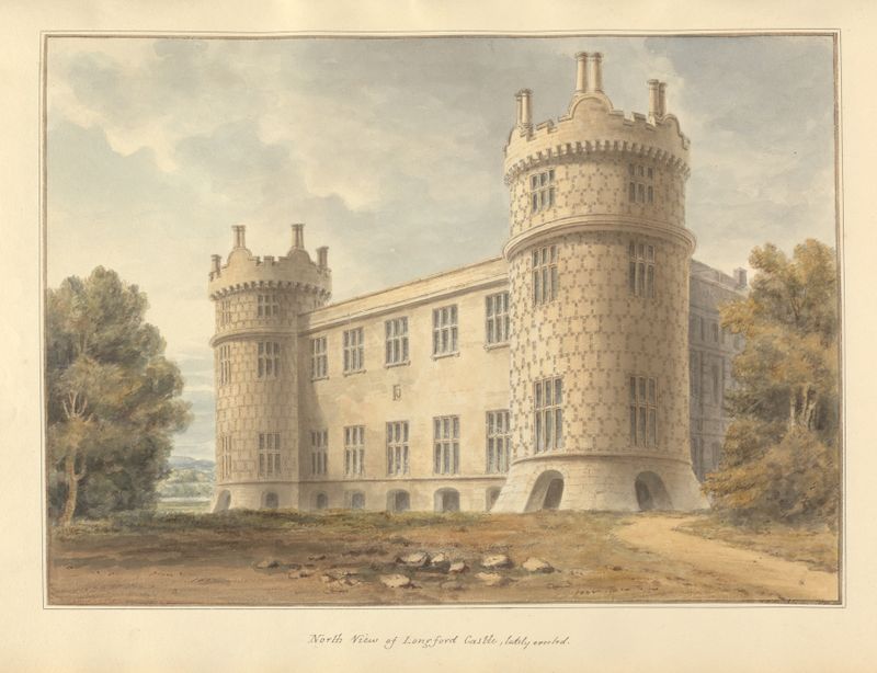 Vista norte do Castelo de Longford de John Buckler, pintura a óleo que retrata arquitetura elegante e paisagem.