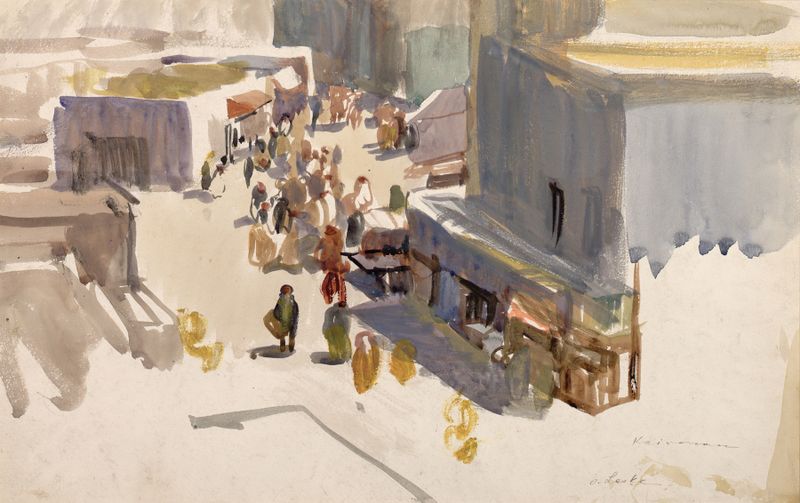 Kairouan de Oskar Laske, óleo sobre lienzo que representa un paisaje sereno con detalles arquitectónicos.