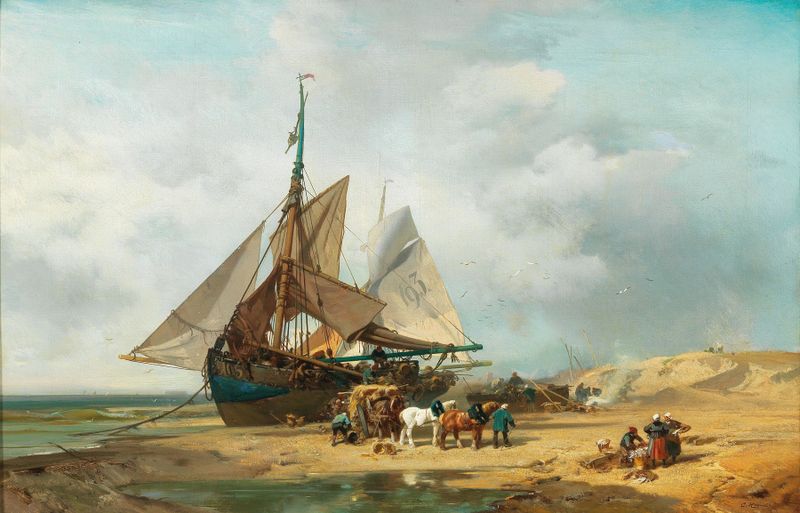 Entladung der Segelschiffe by Charles Hoguet, oil painting depicting sailing ships and a blue sky