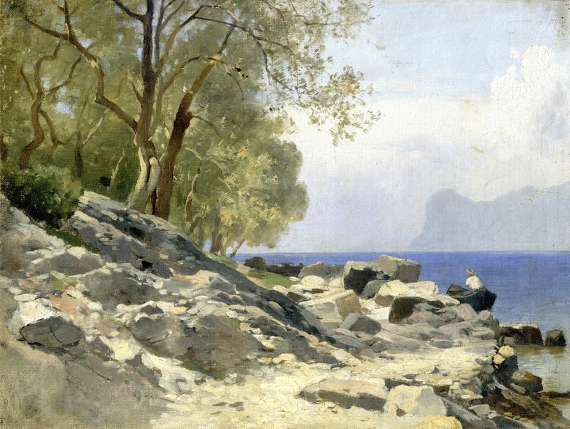 Ufer am Gardasee de Carl Bolze, óleo sobre tela retratando uma paisagem tranquila de lago.