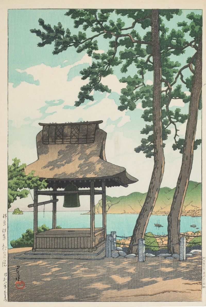 Impressão em madeira de Izu Ito Shugetsuin de Kawase Hasui, retratando um templo tranquilo em uma floresta.
