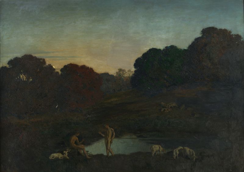 Pastoral Scene by Émile-René Ménard, oil on canvas depicting figures in a tranquil landscape.