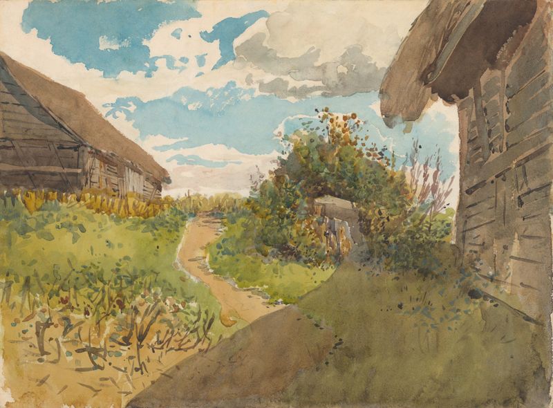 Landscape between Haylofts, pintura a óleo de Ladislav Mednyánszky, com campos verdes e fardos de feno rústicos.