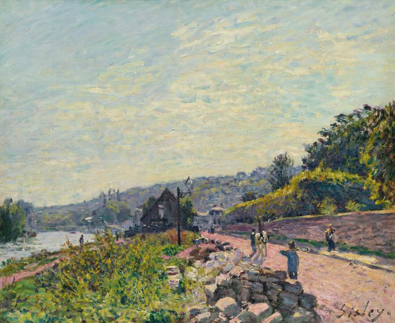 La Seine Au Bas-Meudon de Alfred Sisley, pintura al óleo que representa un paisaje fluvial con vegetación.