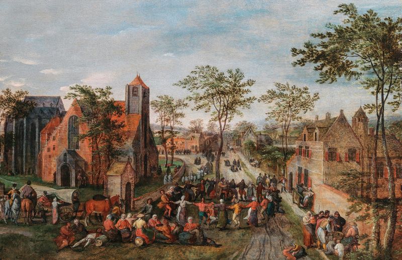 A village kermesse, oil on panel by Jacob Grimmer depicting a festive gathering with swirling figures.