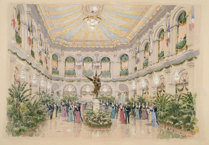 Escena de género que representa un baile en el Hôtel de Ville por Fédor Hoffbauer, pintura al óleo