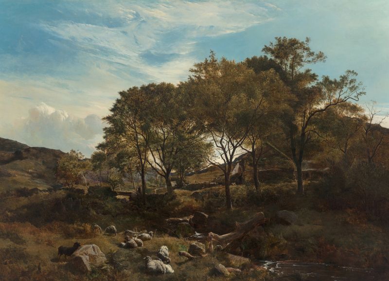 Paisagem de uma fazenda galesa por Sidney Richard Percy, pintura a óleo