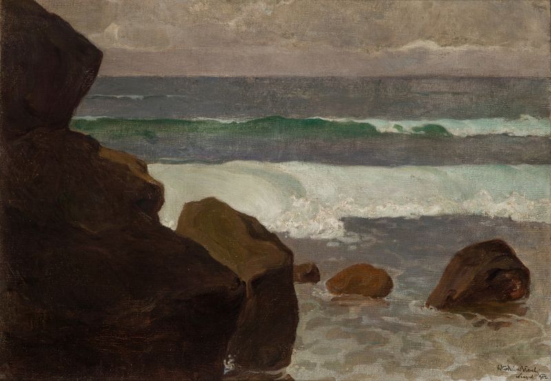 La Costa Napolitana, óleo sobre lienzo de Włodzimierz Błocki, que representa un atardecer sobre la costa.