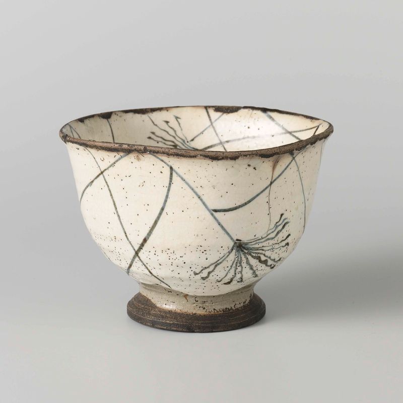 Tigela de chá quadrada com gramíneas, cerâmica tradicional japonesa, artista desconhecido