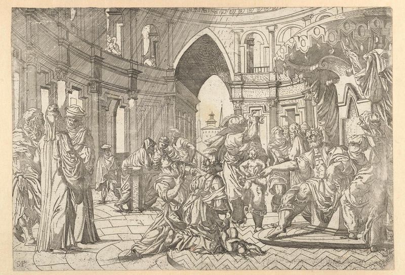 Het oordeel van Salomo etching by Monogrammist SAF showing a mother and child in a tense judgment scene