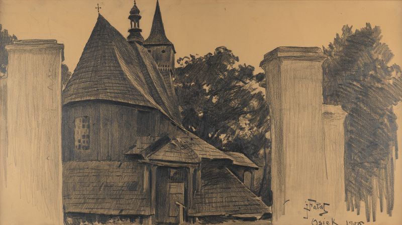 Landscape featuring a church in Osiek, oil painting by Julian Falat