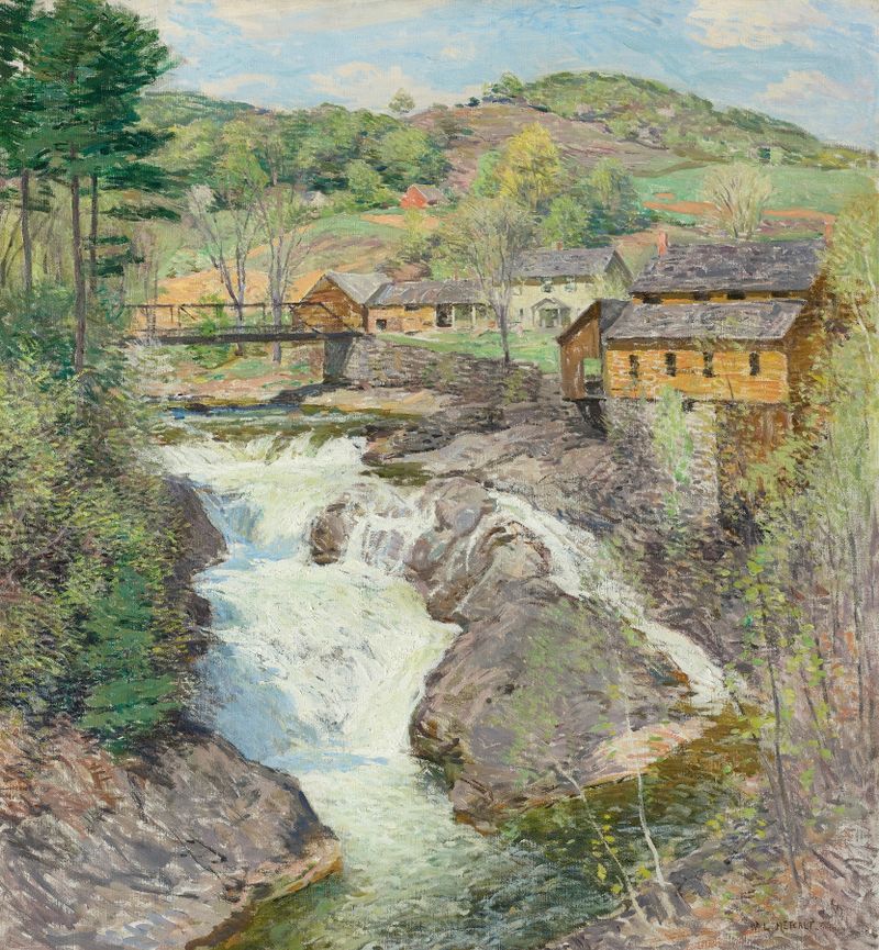 Waterfall scene with sunlight by Willard Leroy Metcalf, impressionism
