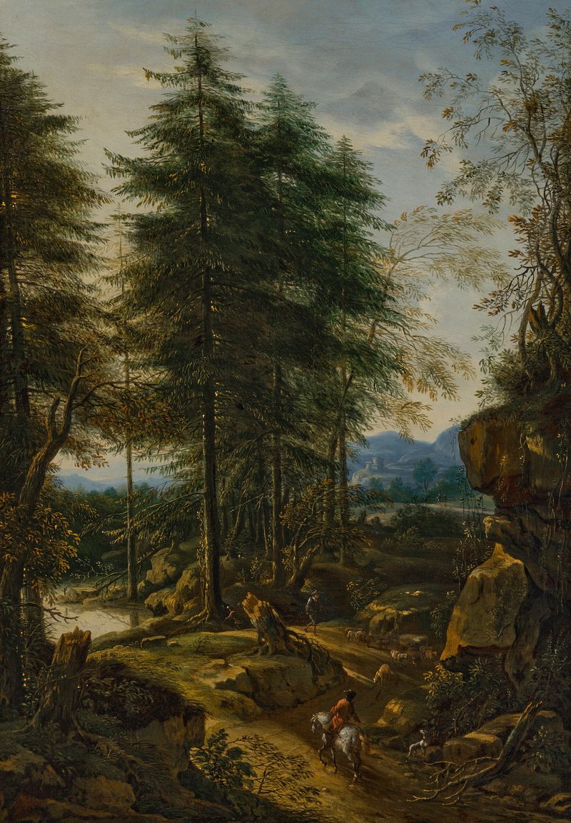 Un paisaje montañoso con un jinete en un camino, pintura al óleo de Peter Von Bemmel