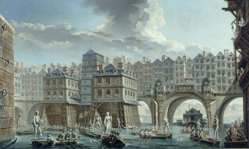 Óleo sobre tela de Nicolas Jean-Baptiste Raguenet mostrando barcos correndo no rio Sena