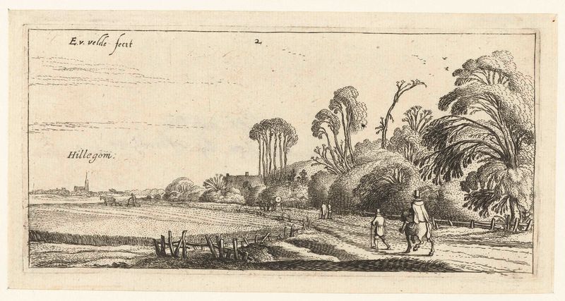 Gravura de Esaias van de Velde mostrando um caminhante em uma estrada em uma paisagem enevoada