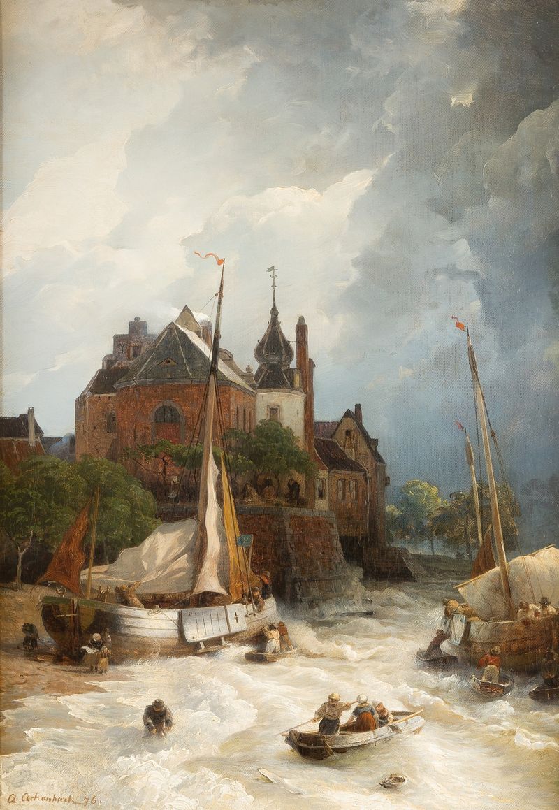 Paisagem que retrata uma praia com uma cidade, torre antiga e muralhas de Andreas Achenbach.