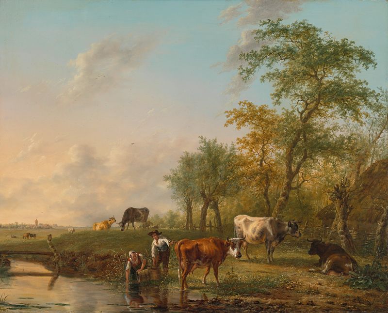 Landscape with Cattle, oil on panel by Jan Kobell II, depicting cattle in lush greenery.