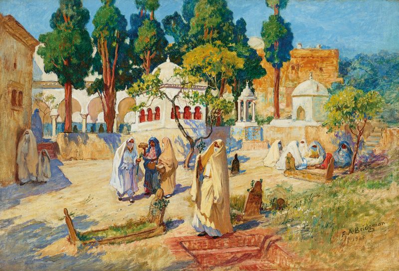 Genre scene depicting women in flowing garments at a cemetery by Frederick Arthur Bridgman, oil painting