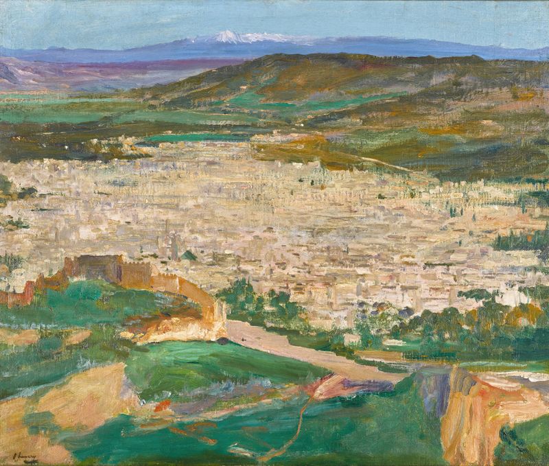 A View of Fez by Sir John Lavery, oil on canvas depicting a vibrant cityscape.