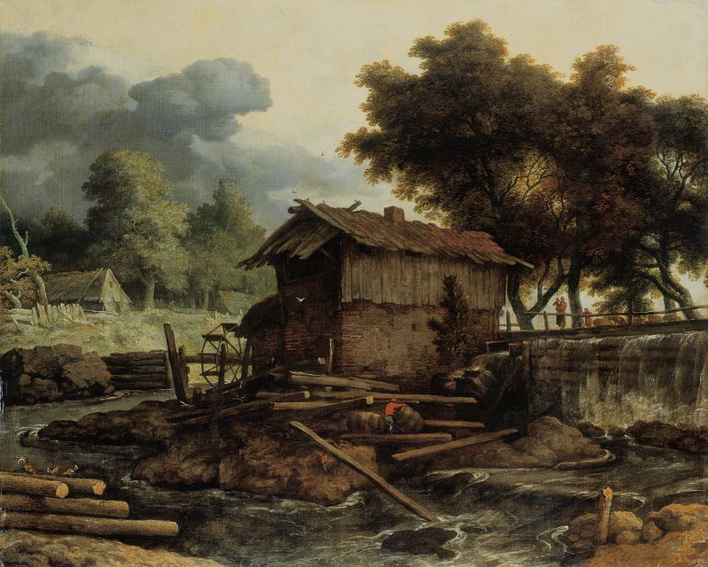 Paisaje con aserradero de Allaert van Everdingen, óleo sobre lienzo que muestra un aserradero en un bosque.