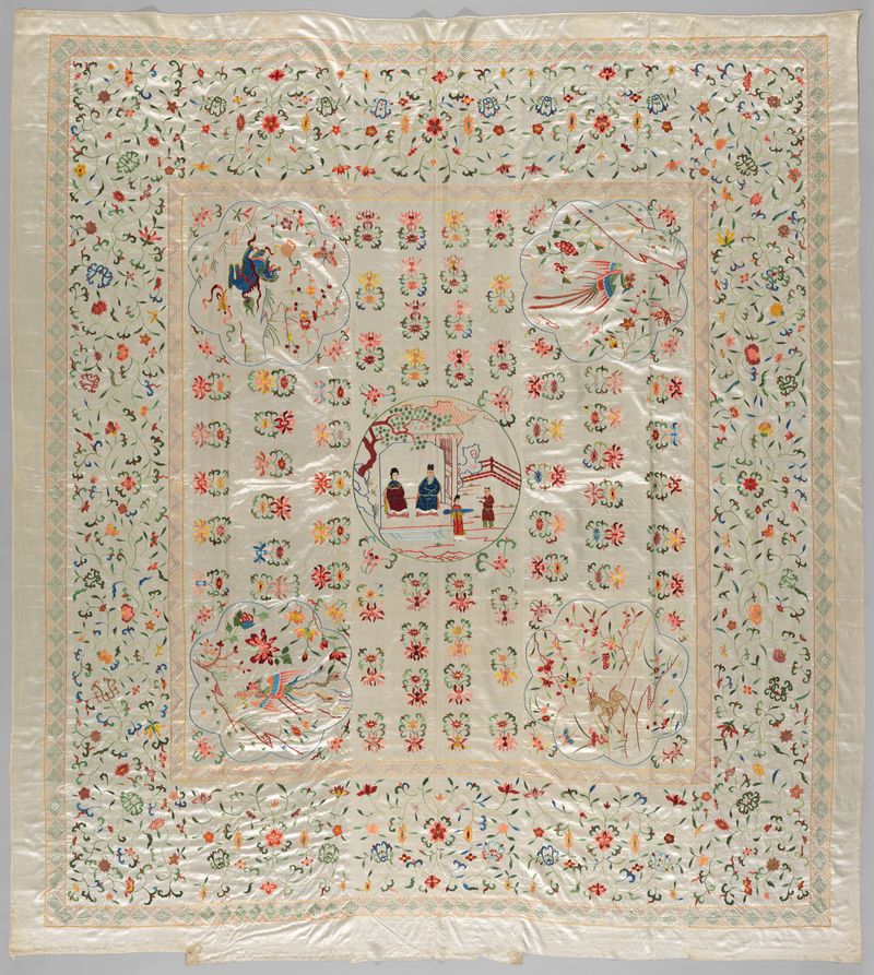 Escena de género que representa una reunión familiar, medio textil, artista desconocido