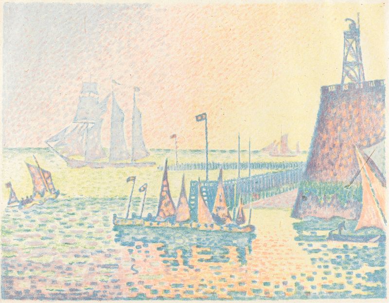 Evening de Paul Signac, pintura al óleo que representa el crepúsculo con técnica puntillista.