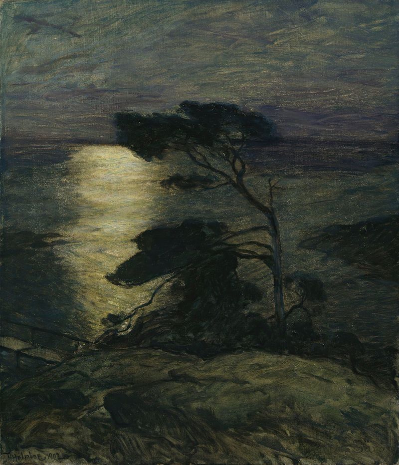 Pine Tree on the Coast in Moonlight, óleo sobre lienzo de Thorolf Holmboe