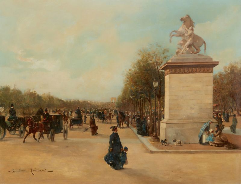 Paisagem dos Champs Élysées com o Arco do Triunfo, óleo sobre tela de Gustave Maincent