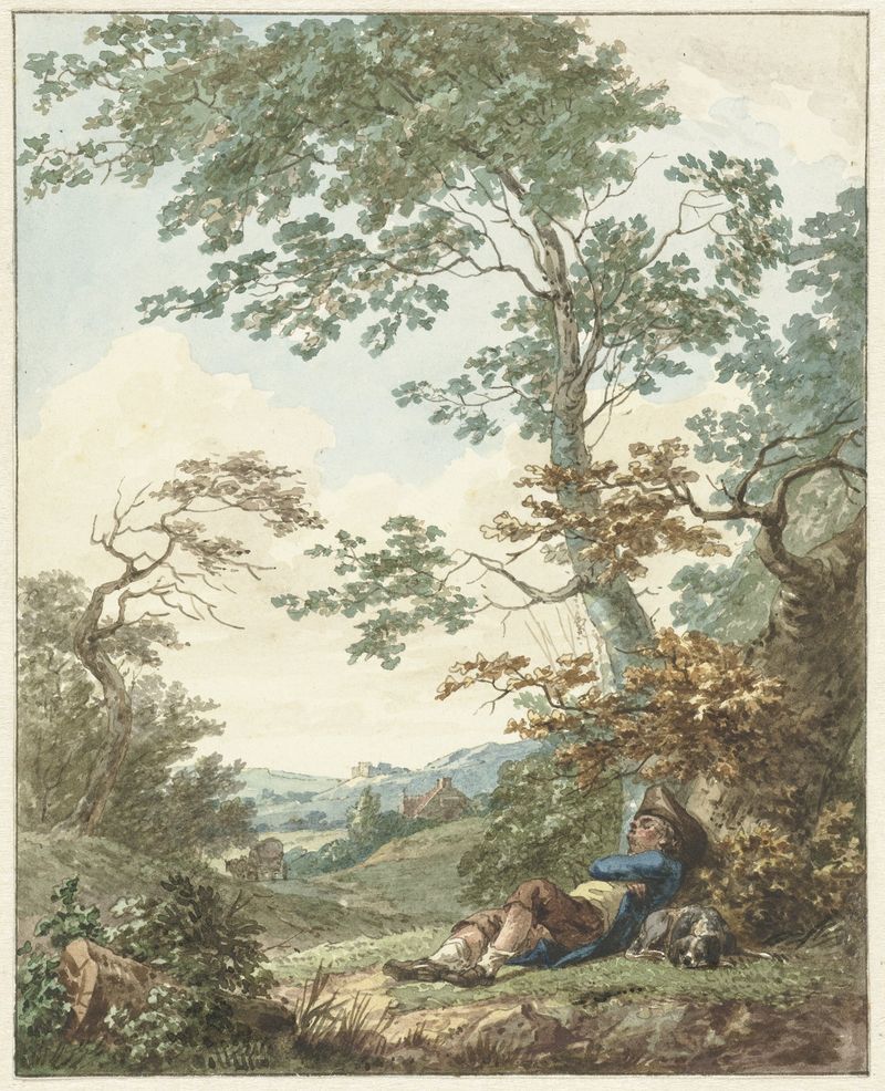Oil painting by Hermanus Numan depicting a man resting with a dog under a tree.