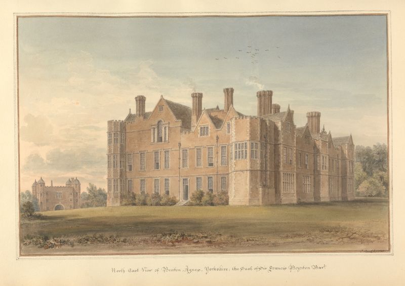 North East View of Burton Agnes de John Buckler, pintura al óleo que representa arquitectura y colinas